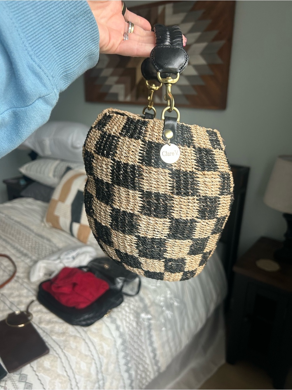 Clare V Pot de Miel Woven Checkered Straw Mini Handbag - Black & Natural - Picture 4 of 5